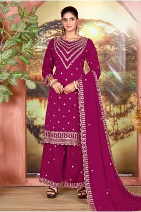 Silk Sequins Magenta Palazzo Suit with Dupatta PZ4417
