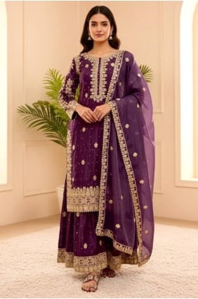 Silk Purple Eid Palazzo Suit in Sequins PZ4302