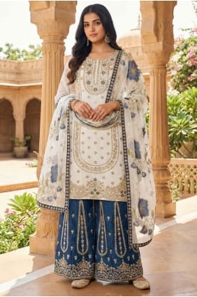 Silk White Eid Palazzo Suit in Sequins PZ4309