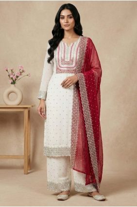 Silk Palazzo Suit in White with Sequins PZ4381