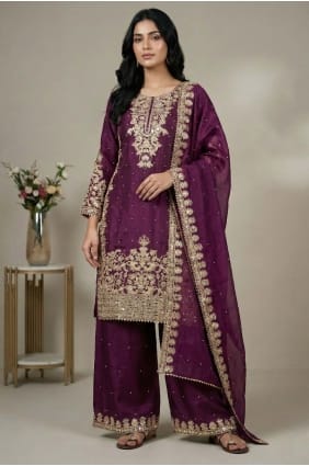 Wine Sequins Silk Palazzo Suit PZ4345