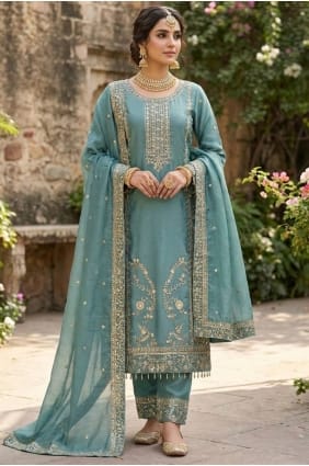 Silk Salwar Kameez with Sequins in Blue SK156095