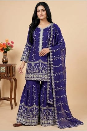 Sequins Sharara Suit in Blue Silk SS1334