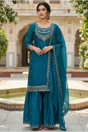 Silk Teal Sharara Suit in Sequins SS1339