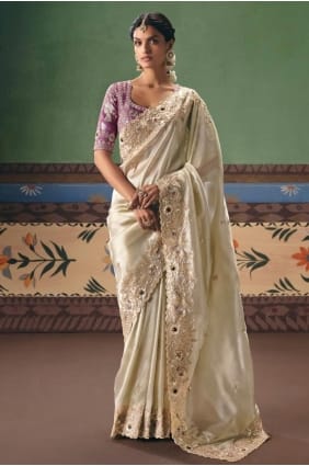 Cream Saree with Sequins,stone with moti Art silk SR29695