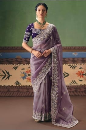 Lavender Saree in Art silk with Sequins,stone with moti SR29693