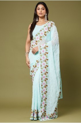 Chiffon Saree with Sequins,thread,embroidered in Sea green SR30325