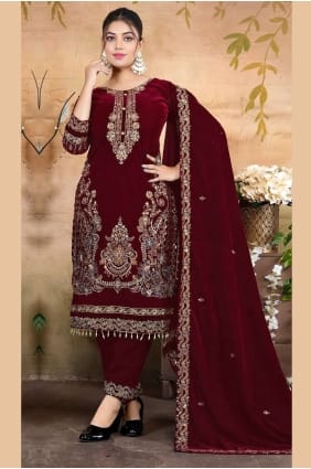 Maroon Velvet Sequins Eid Salwar Kameez with Dupatta SK155981