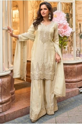 White Viscose Sequins Sharara Suit with Dupatta SS1322