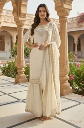 Sequins Silk White Sharara Suit with Dupatta SS1340