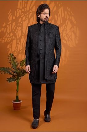 Art silk Sherwani in Black with Thread KURR290