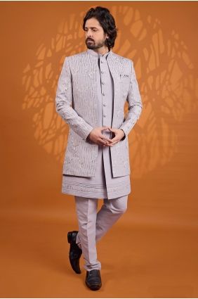 Art silk Sherwani in Grey with Thread KURR278
