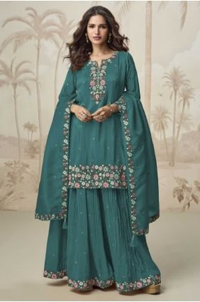 Aqua green Palazzo Suit with Embroidered Shimmer PZ4182