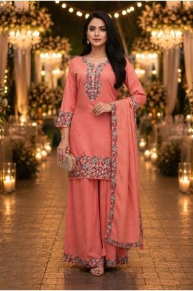 Shimmer Palazzo Suit in Peach with Embroidered PZ4490