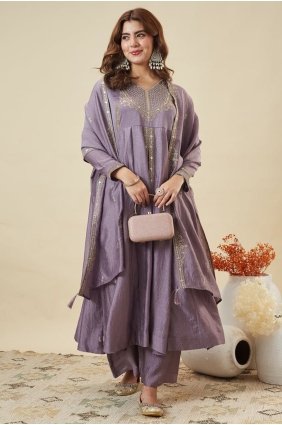 Embroidered Silk Anarkali Suit in Grey with Dupatta AS4361