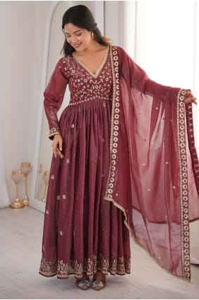 Sequins Silk Anarkali Suit in Mauve with Dupatta AS4226