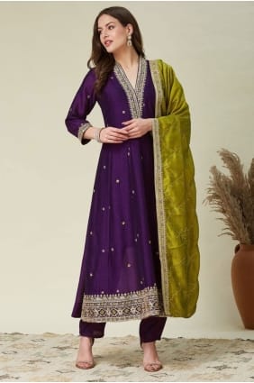 Embroidered Silk Anarkali Suit in Purple AS4237