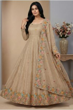 Sequins Silk Anarkali Suit in Cream with Dupatta AS4278