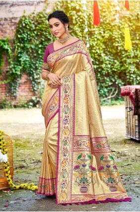 Beige Embroidered Silk Saree for Festive Wear SR29832