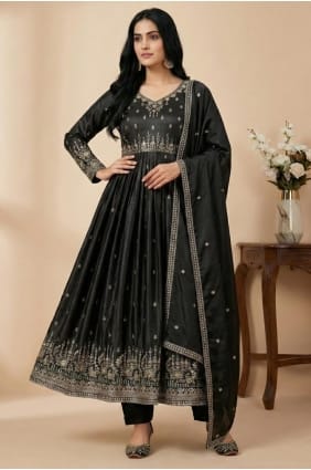 Thread Silk Salwar Kameez in Black AS4257