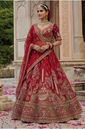 Embroidered Silk Bridal Lehenga Suit in Red with Dupatta LC8939