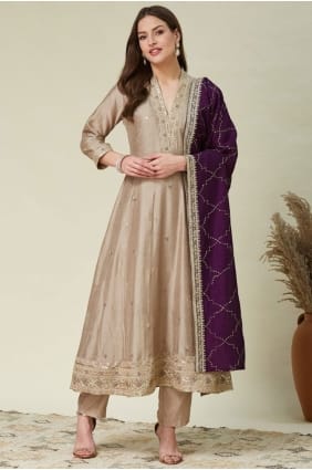 Embroidered Silk Cream Anarkali Suit with Dupatta AS4240