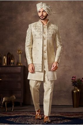 Embroidered Silk Men Kurta in Cream with Dupatta KURR251