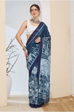 Blue Saree in Silk with Digital print SR30219
