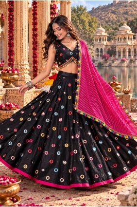 Black Lehenga Choli in Embroidered Silk LC9281