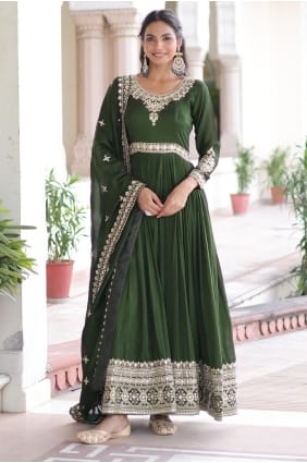 Gown Dress in Green Silk with Embroidered GW1220