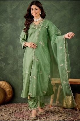 Embroidered Silk Green Salwar Kameez with Dupatta SK155687