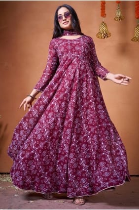 Maroon Embroidered Silk Gown Dress GW1207