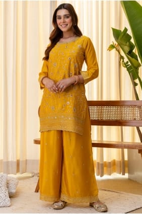 Palazzo Suit in Mustard Silk with Embroidered PZ4333
