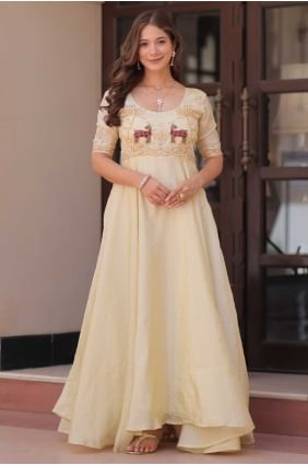 Embroidered Silk Gown Dress in Off white GW1138