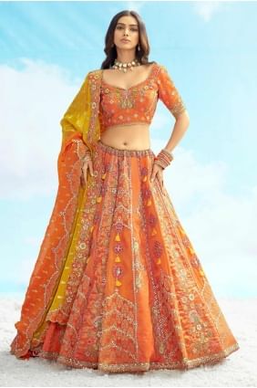 Silk Embroidered Orange Lehenga Choli with Dupatta LC8474