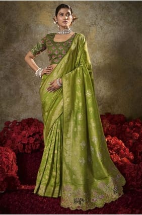 Saree in Parrot green Silk with Embroidered SR29506
