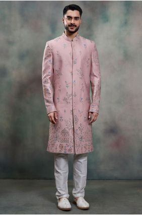 Pink Men Kurta in Silk with Embroidered KURR254