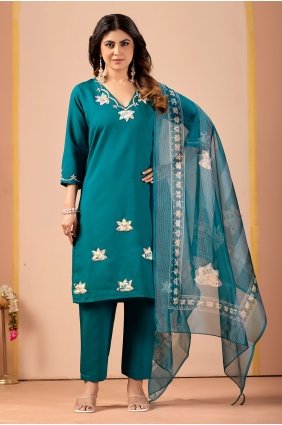 Embroidered Silk Straight Pant Suit in Teal SK159202