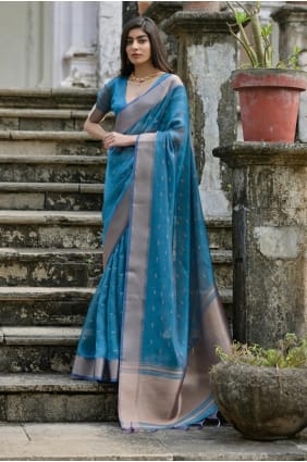 Silk Saree in Firozi with Zari Work SR29301