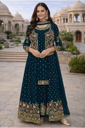 Teal Gown Dress with Embroidered Silk GW1232