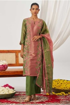 Embroidered Silk Salwar Kameez in Green SK155819