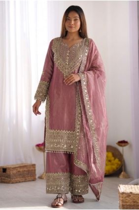 Lace Silk Palazzo Suit in Pink with Dupatta PZ4486