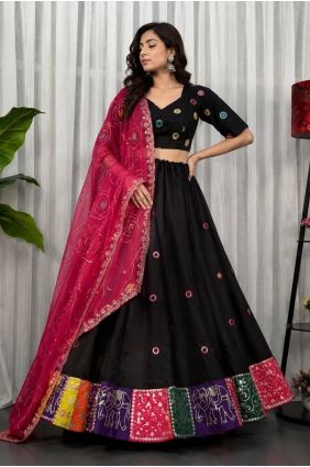 Thread Lehenga Choli in Black Silk LC9147