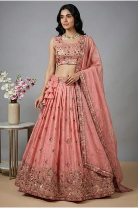 Lehenga Choli in Peach Silk with Embroidered LC8971