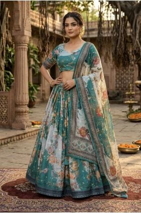 Silk Lehenga Choli with Printed in Teal LC9131