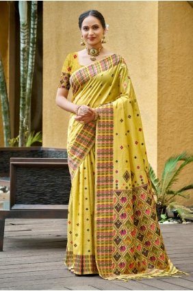 Weaving Silk Saree in Lemon yellow with Blouse SR30364