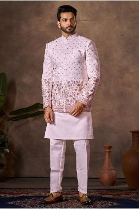 Light pink Embroidered Silk Men Kurta KURR244