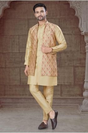 Silk Men Kurta in Light gold  with Weaving KURR469