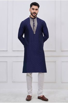 Embroidered Silk Men Kurta in Navy blue with Dupatta KURR257