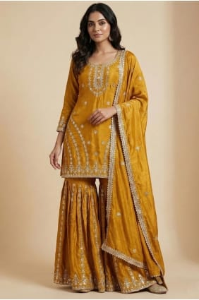 Mustard Sequins Silk Eid Palazzo Suit PZ4274